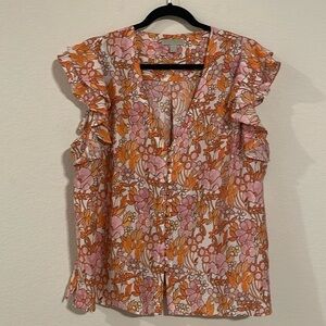 RyeGrass Women’s Tunic Top XXL Orange & Pink Floral Flutter Sleeve Contemporary
